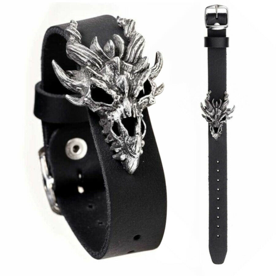 Dragon Skull Wrist Strap Leather and Pewter Gothic Fantasy Bracelet by  Alchemy