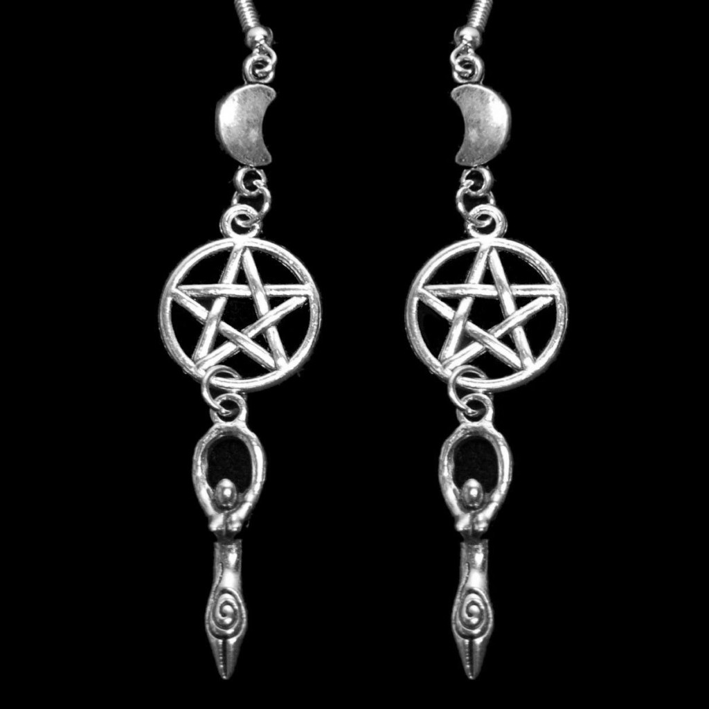 Goddess with Pentagram and Crescent Moon Dangly Earrings
