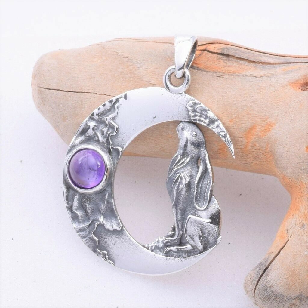 Moon Gazing Hare Pendant Sterling Silver with Amethyst Cabochon Wicca Pagan