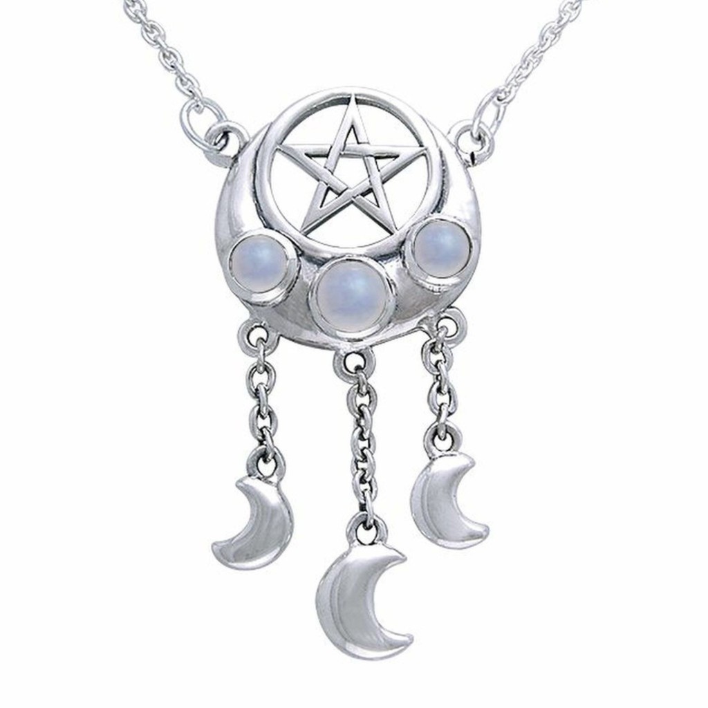 Pentacle and Crescent Moon Necklace Sterling Silver and Moonstones