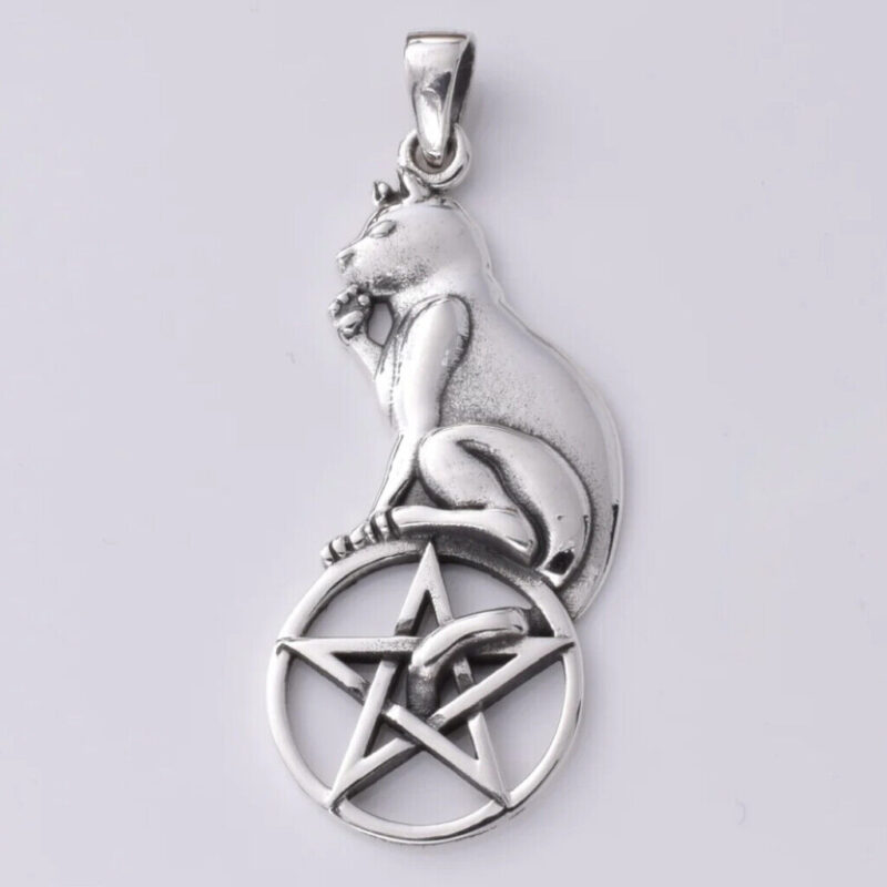 Sterling Silver Cat Sitting on Pentacle Pendant Witches Familiar Magickal Protection - Image 2