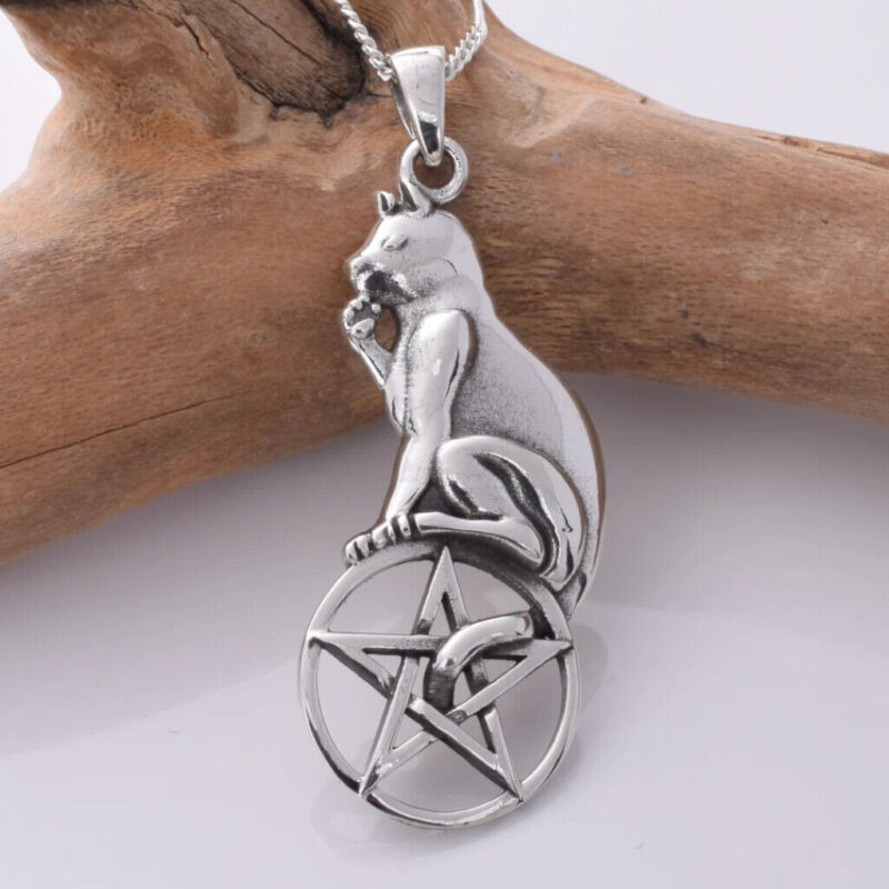 Sterling Silver Cat Sitting on Pentacle Pendant Witches Familiar Magickal Protection