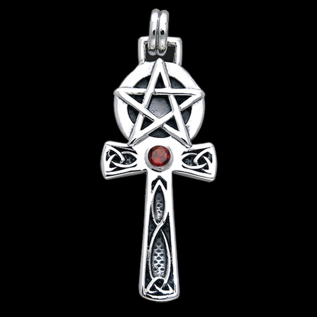 Pentagram Ankh Sterling Silver and Garnet Pendant Symbol of Life