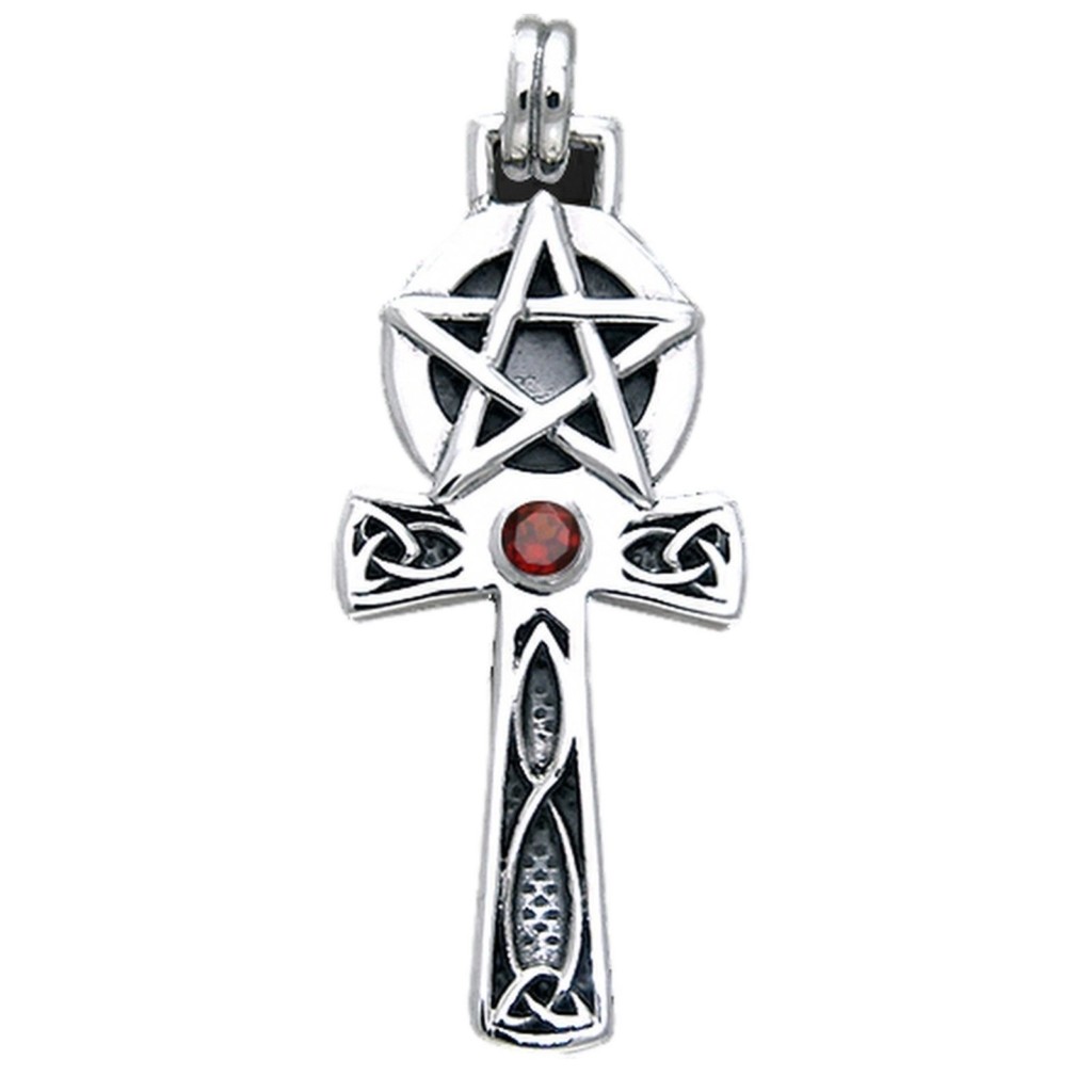 Pentagram Ankh Sterling Silver and Garnet Pendant Symbol of Life - Image 3