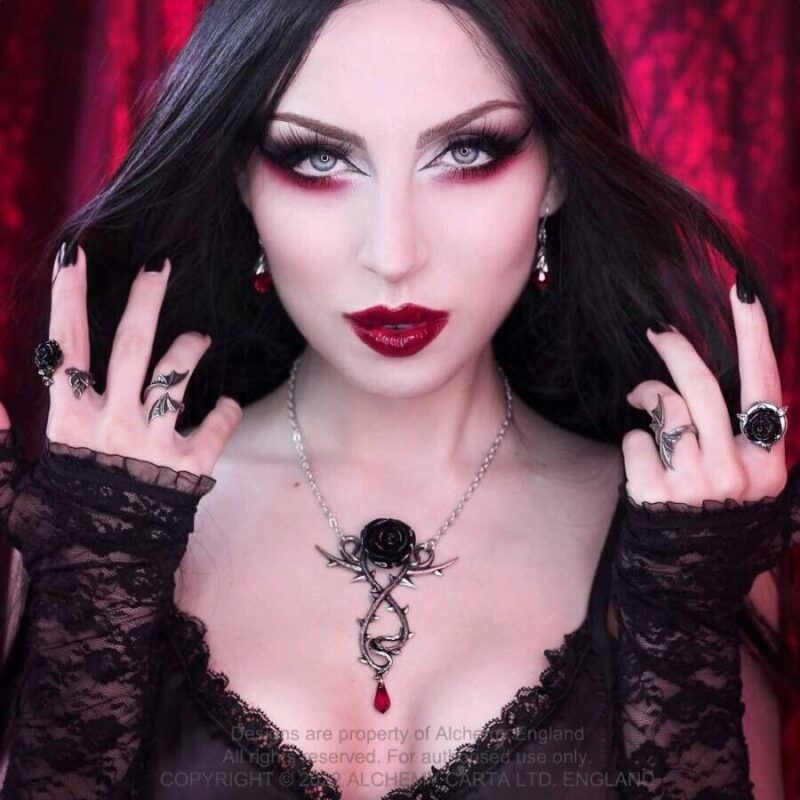 Carpathian Rose Gothic Necklace Black Rose Blood Red Austrian Crystal by Alchemy - Image 2