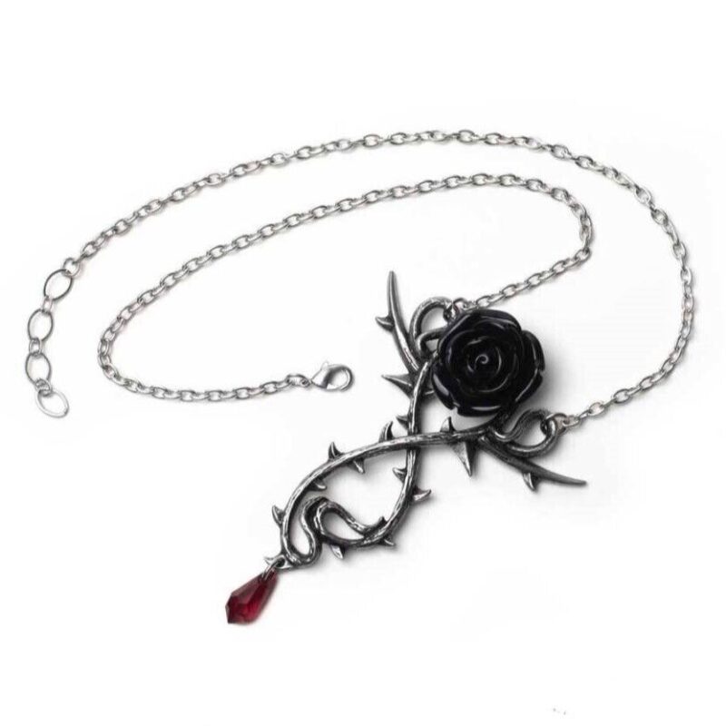 Carpathian Rose Gothic Necklace Black Rose Blood Red Austrian Crystal by Alchemy - Image 3