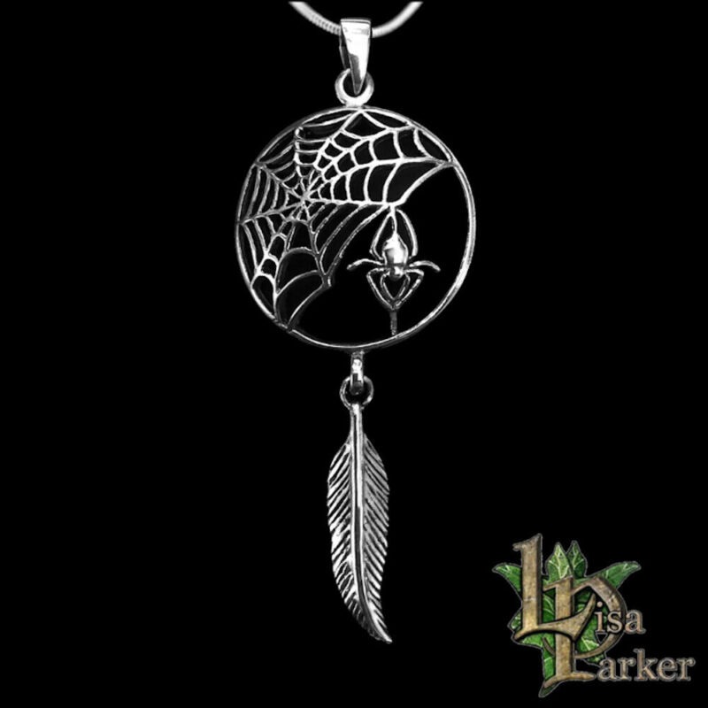 Spider Web and Feather Sterling Silver Dream Catcher Pendant