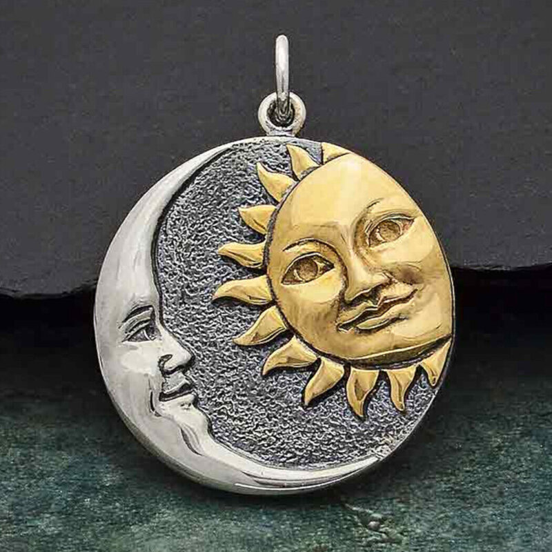 Celestial Sterling Silver Crescent Moon Pendant with Bronze Sun