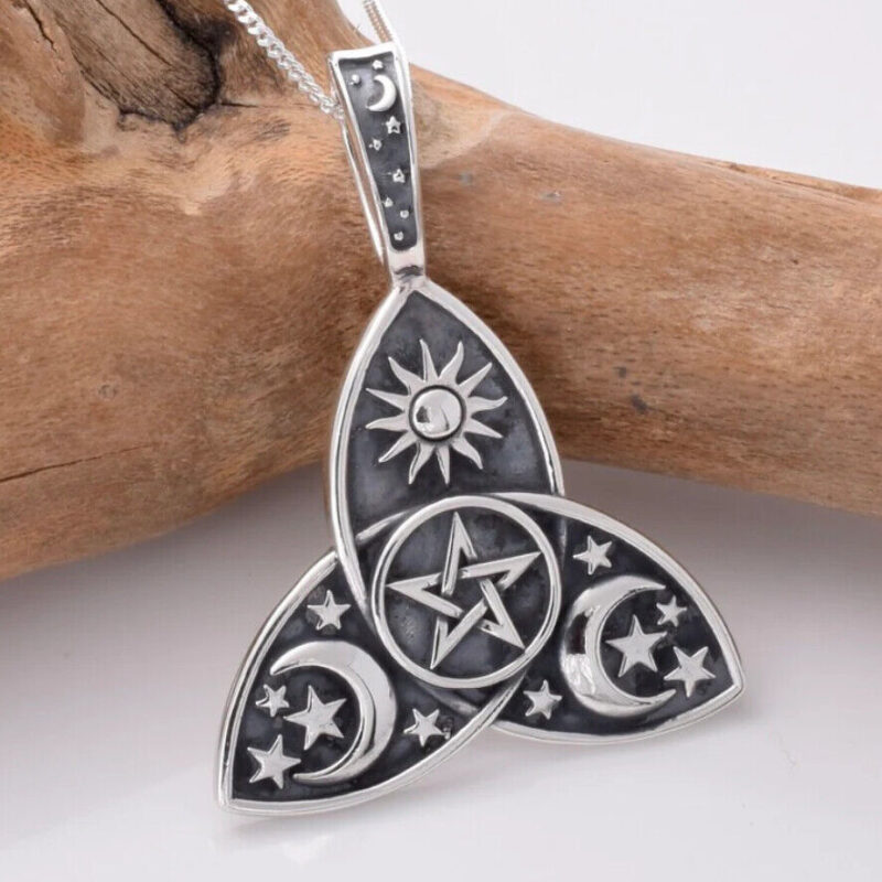 Sterling Silver Triquetra Pendant Triple Moon Goddess with Sun Stars and Moon