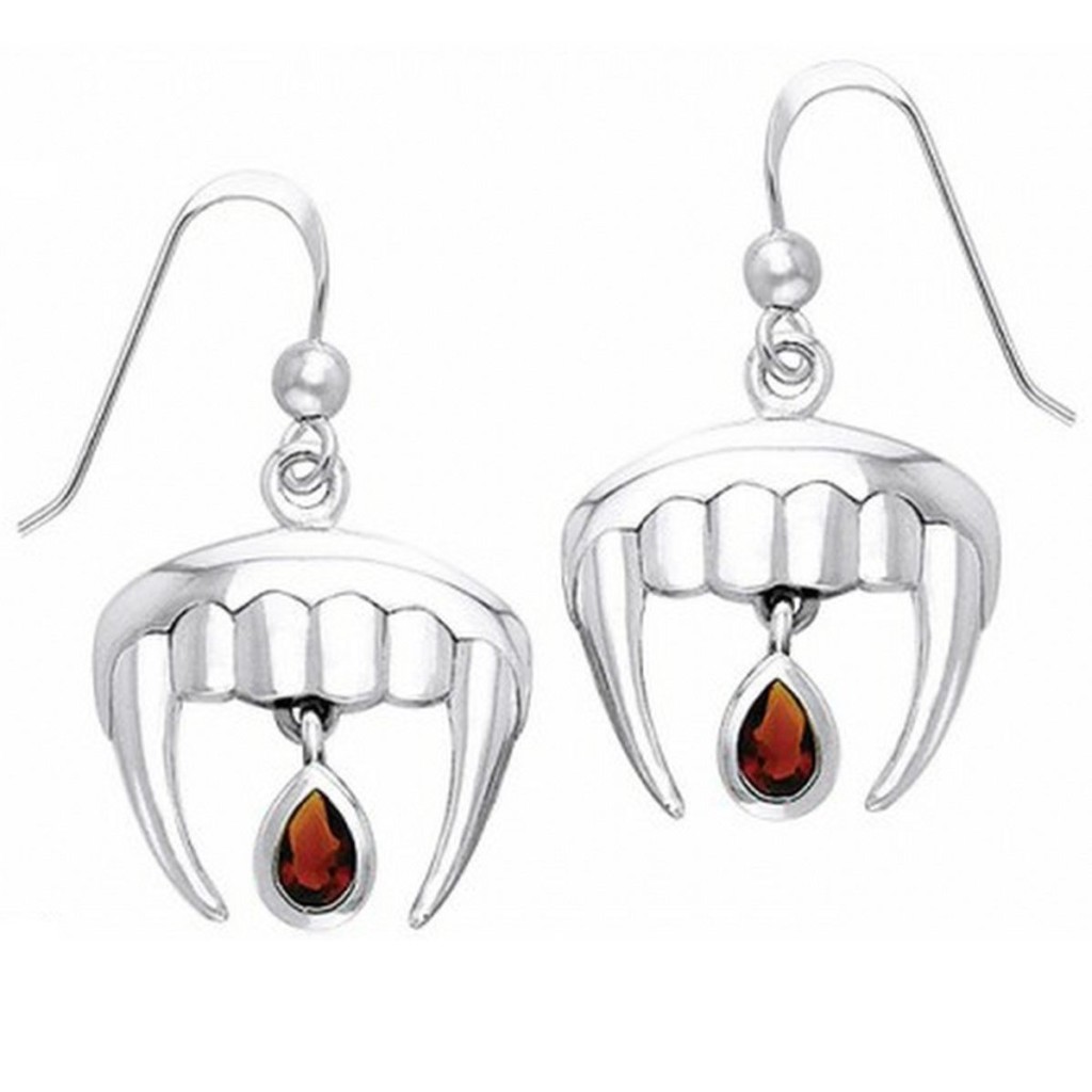 Vampire Teeth Earrings Sterling Silver with Red Garnet Blood Drops by Peter Stone