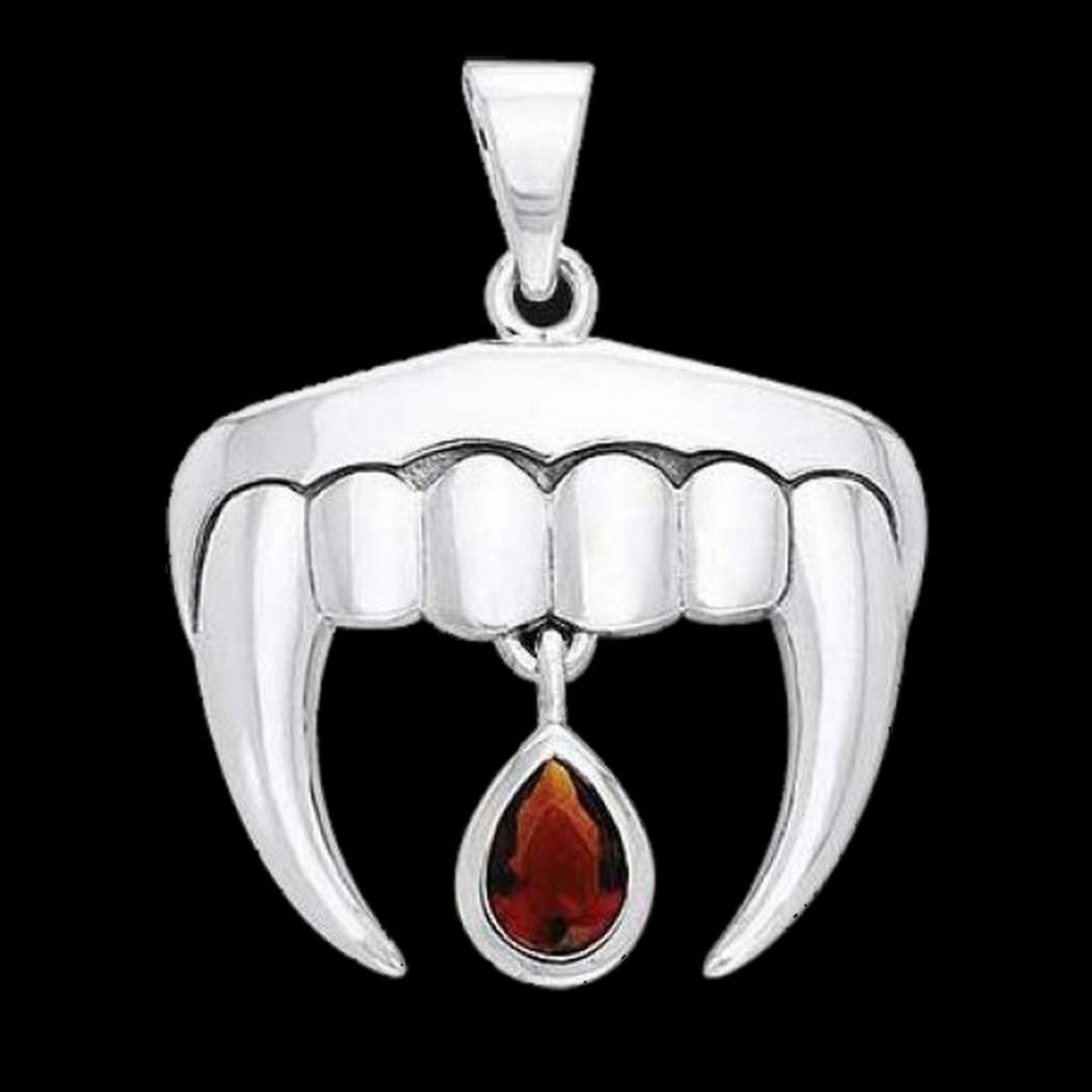 Vampire Teeth with Garnet Blood Drop Sterling Silver Pendant by Peter Stone