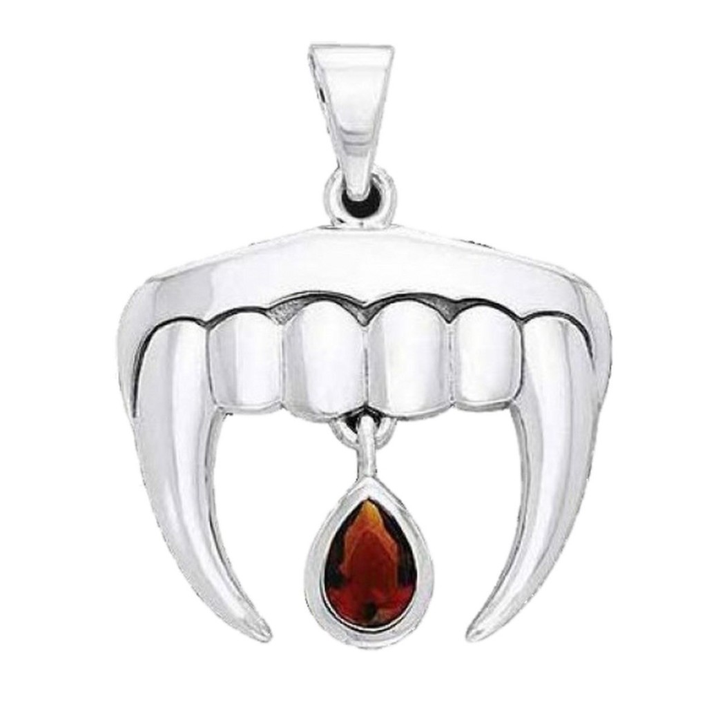 Vampire Teeth with Garnet Blood Drop Sterling Silver Pendant by Peter Stone - Image 2