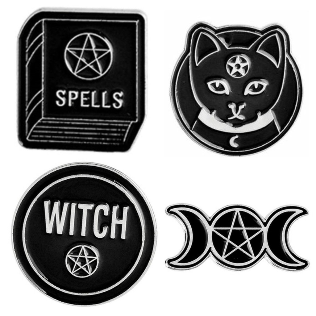Set of 4 Witch's Enamel Badges Black Cat Spells Triple Moon Pentagram
