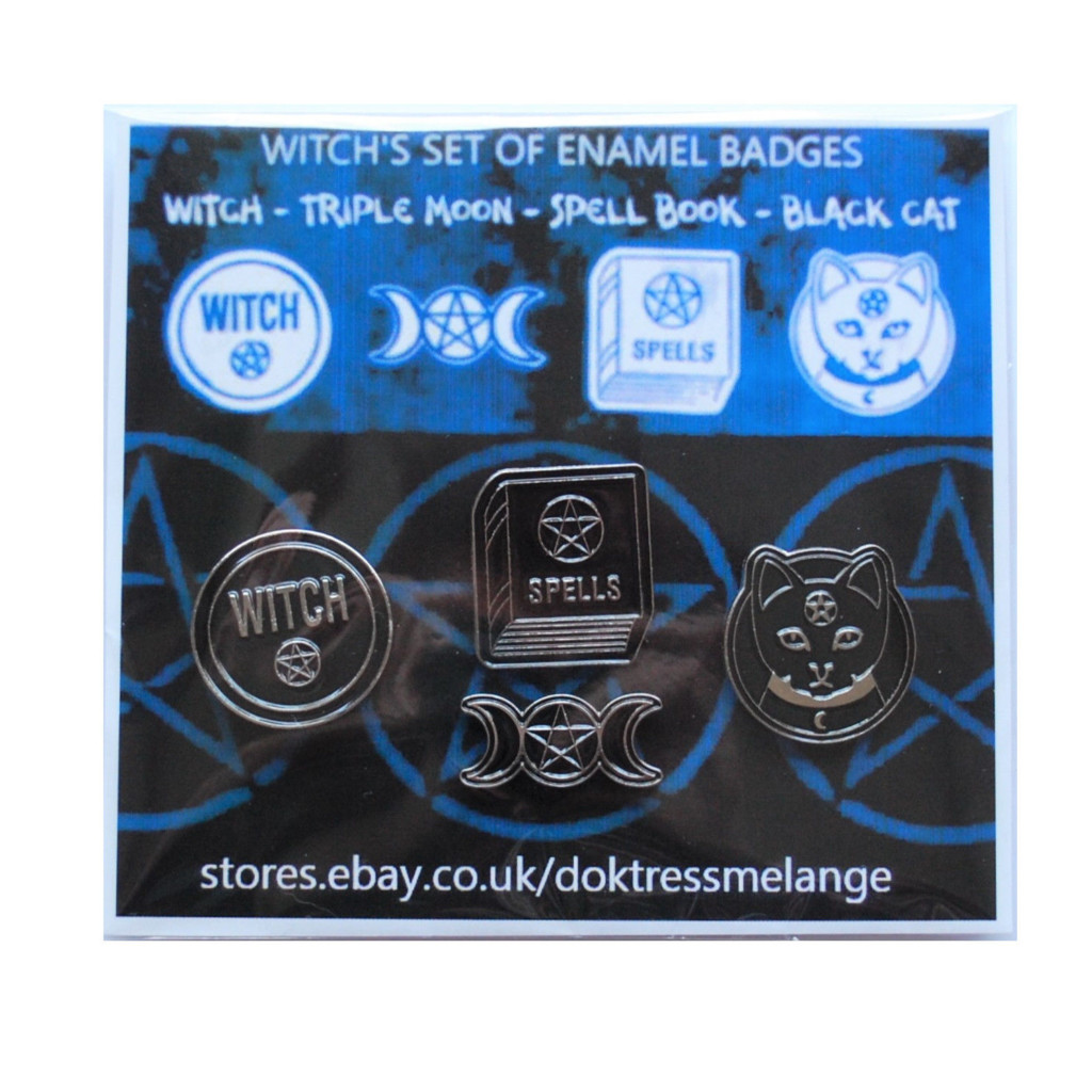 Set of 4 Witch's Enamel Badges Black Cat Spells Triple Moon Pentagram - Image 3