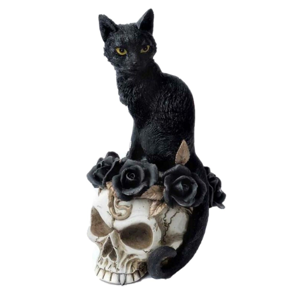 Grimalkin's Ghost Black Cat with Skull and Black Roses Ornamental Statue by Alchemy