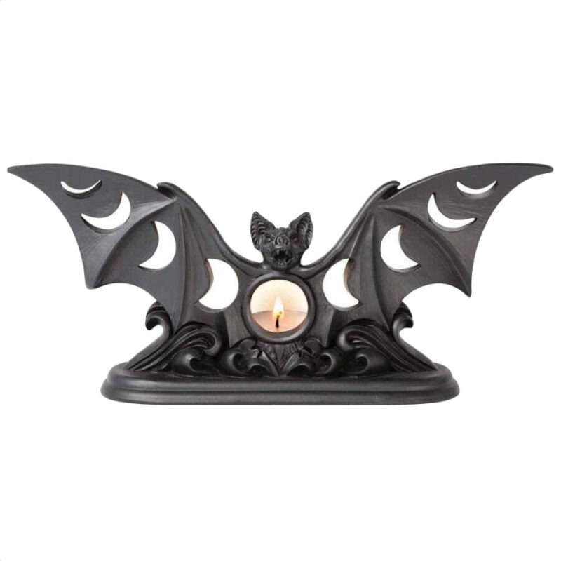 Lunaeca Gothic Bat Tea Light Candle Holder with Moon Phases By Alchemyt