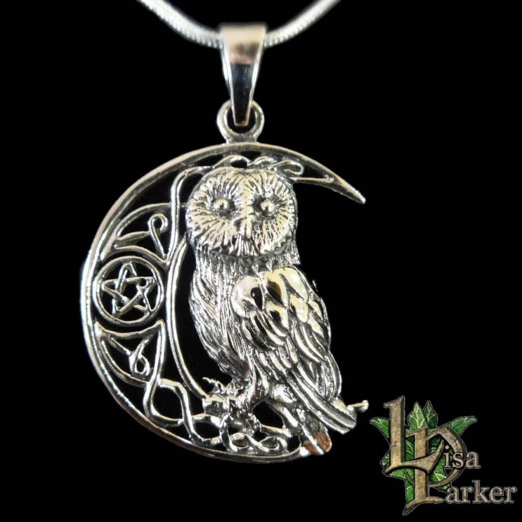 Owl Celtic Crescent Moon Sterling Silver Pendant