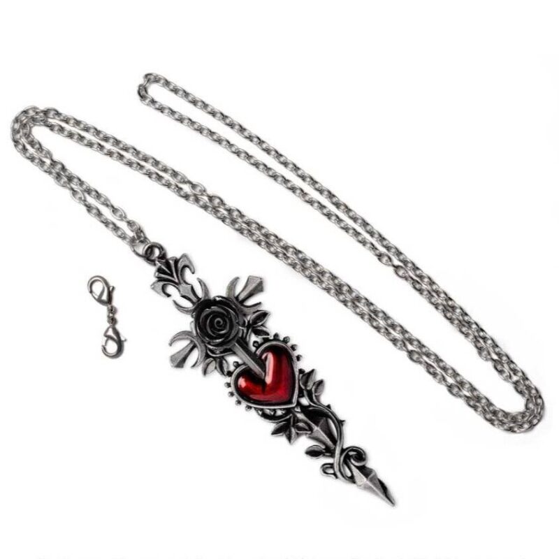 Cross of the Dark Kiss Gothic Statement Pendant Necklace Blood Red Heart By Alchemy - Image 3