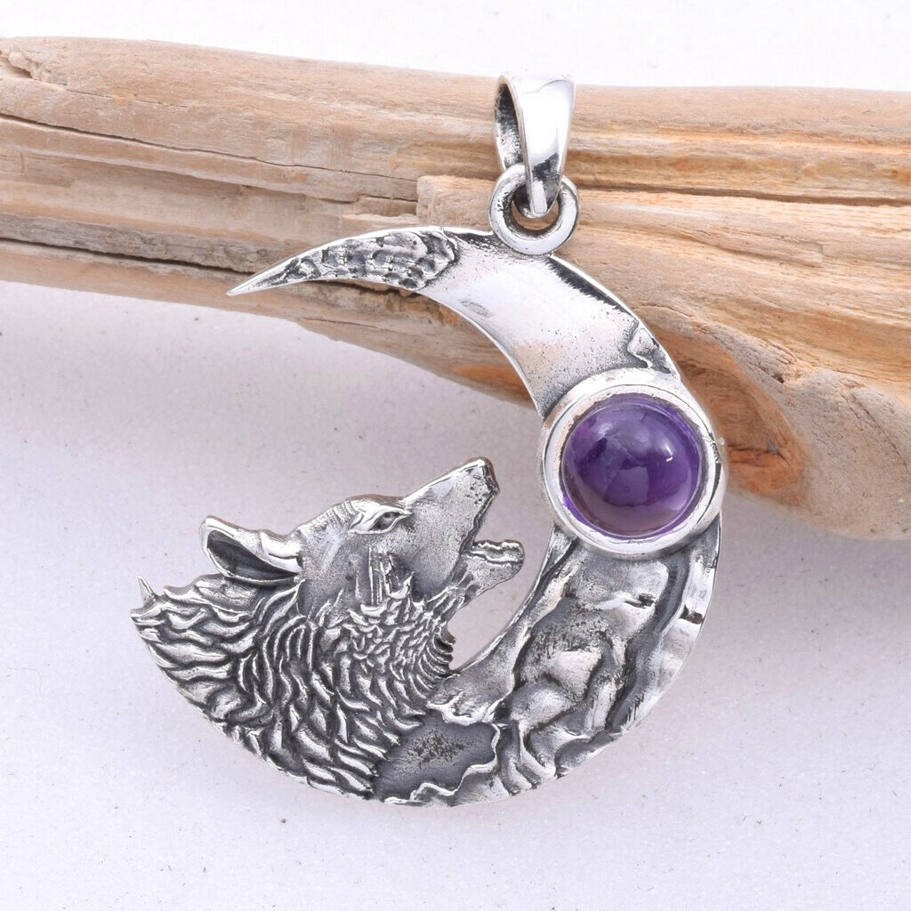 Howling Wolf Pendant Sterling Silver Crescent Moon with Amethyst Cabochon