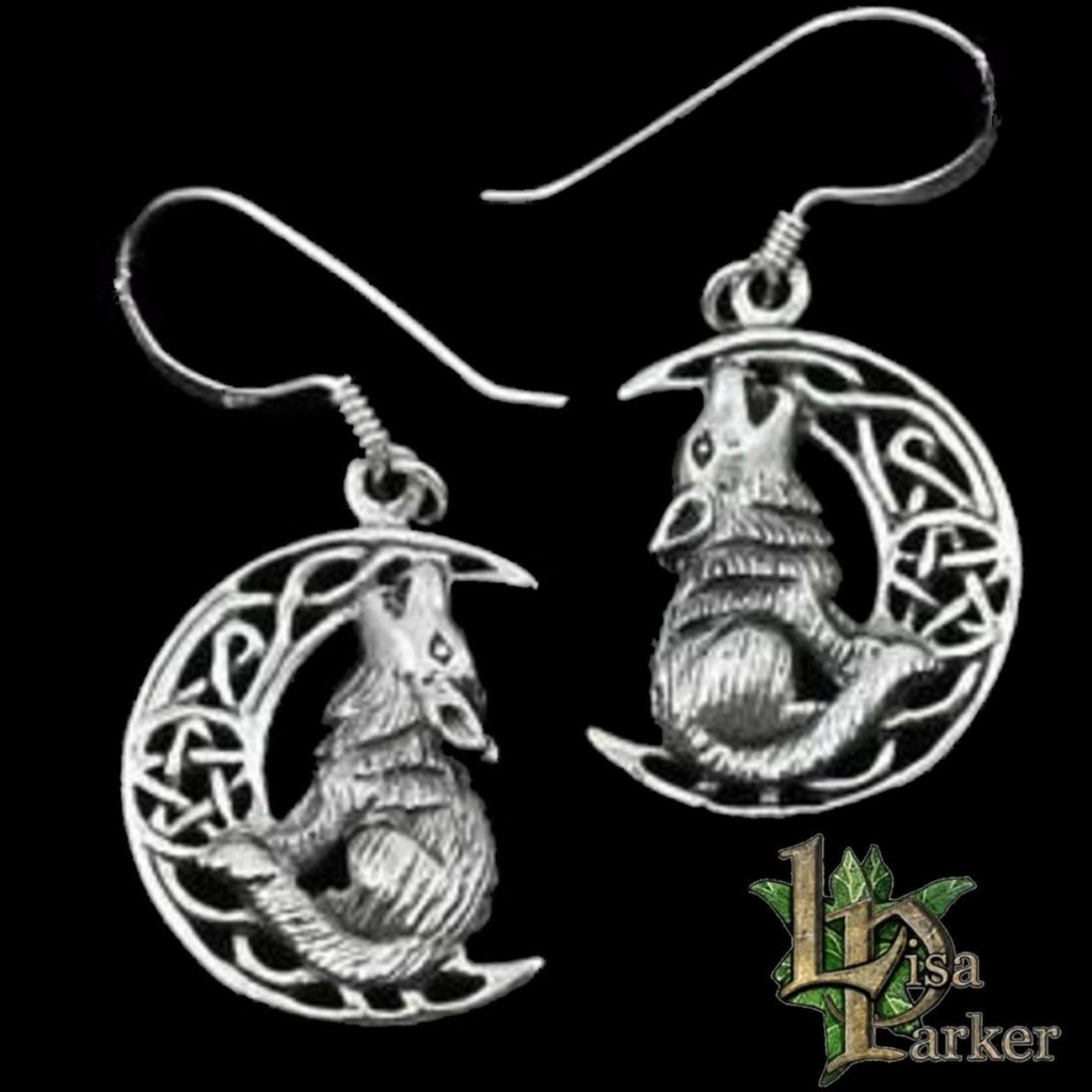 Wolf Crescent Moon and Pentagram Sterling Silver Earrings