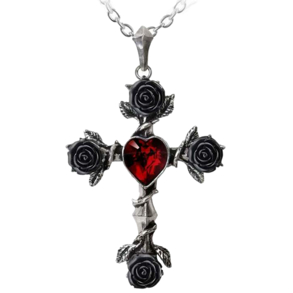 Black Rosifix Gothic Cross Pendant with Red Austrian Heart by Alchemy
