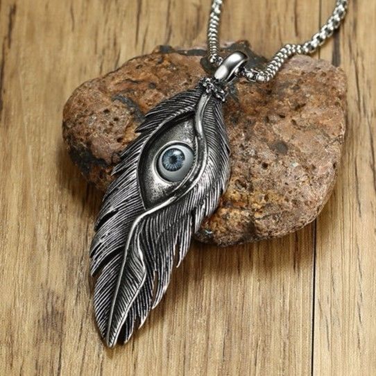 Peacock Feather and Evil Eye Steel Good Luck Protection Amulet Pendant ...