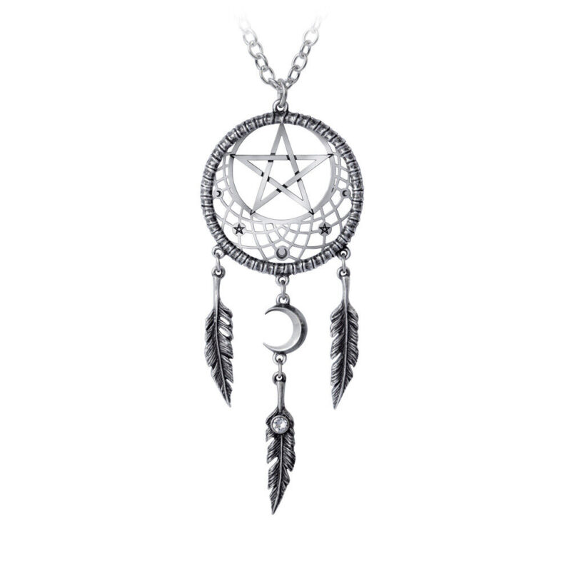 Pagan Dreamcatcher Necklace Wiccan Pentagram and Feathers by Alchemy