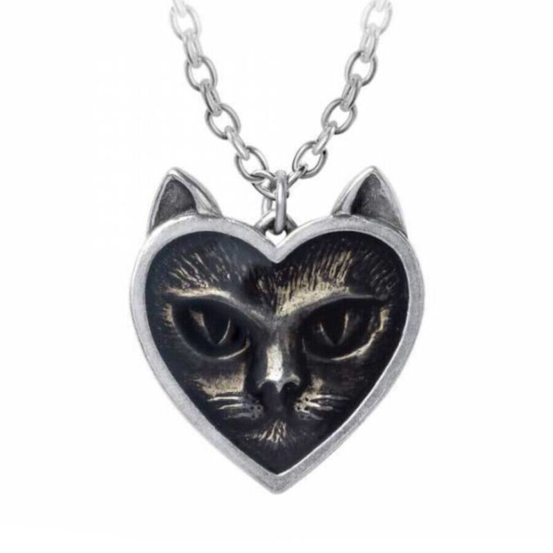 Love Cat Black Cat Necklace Heart Shaped Pewter and Enamel Pendant by Alchemy