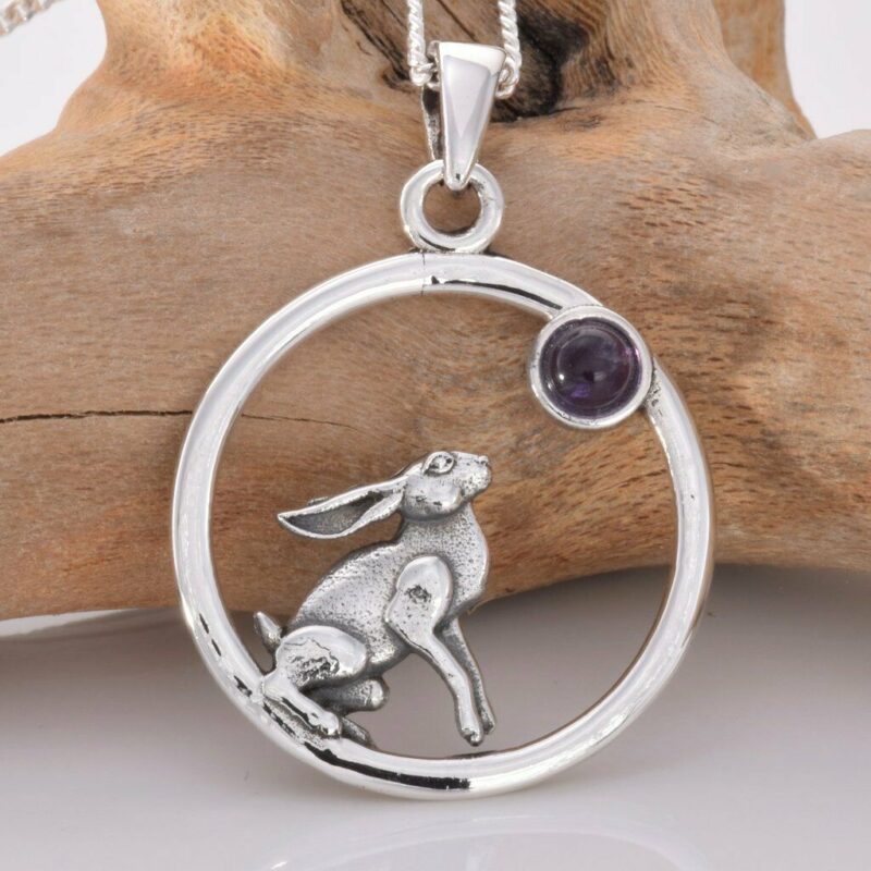 Moon Gazing Hare Sterling Silver Amethyst Wiccan Pagan Good Luck Charm