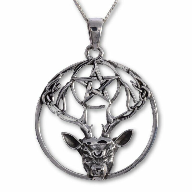 Sterling Silver Stag and Pentagram Pendant White Hart Deer Antlers - Image 2