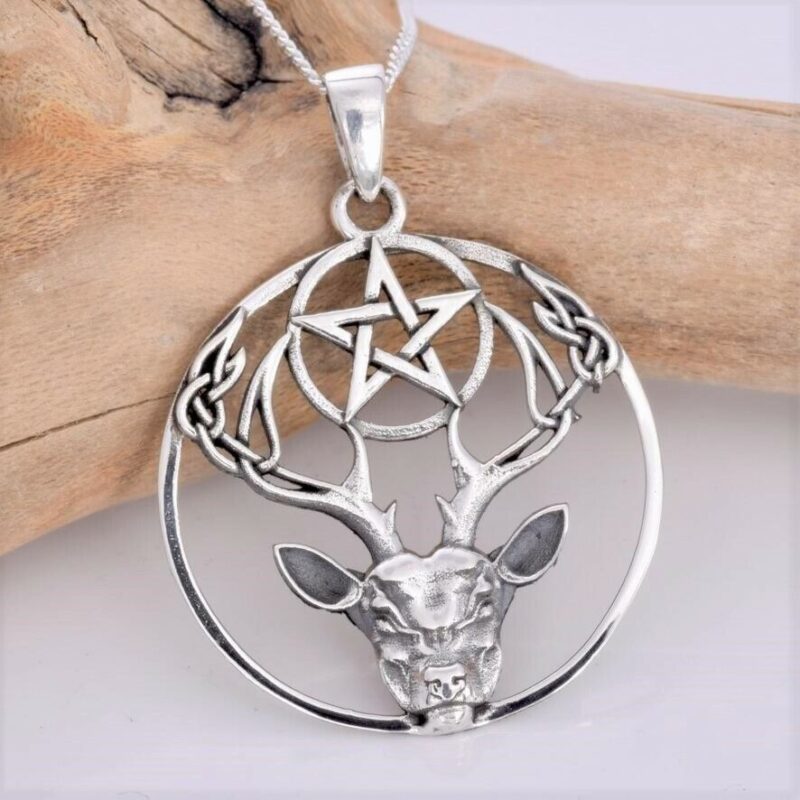 Sterling Silver Stag and Pentagram Pendant White Hart Deer Antlers