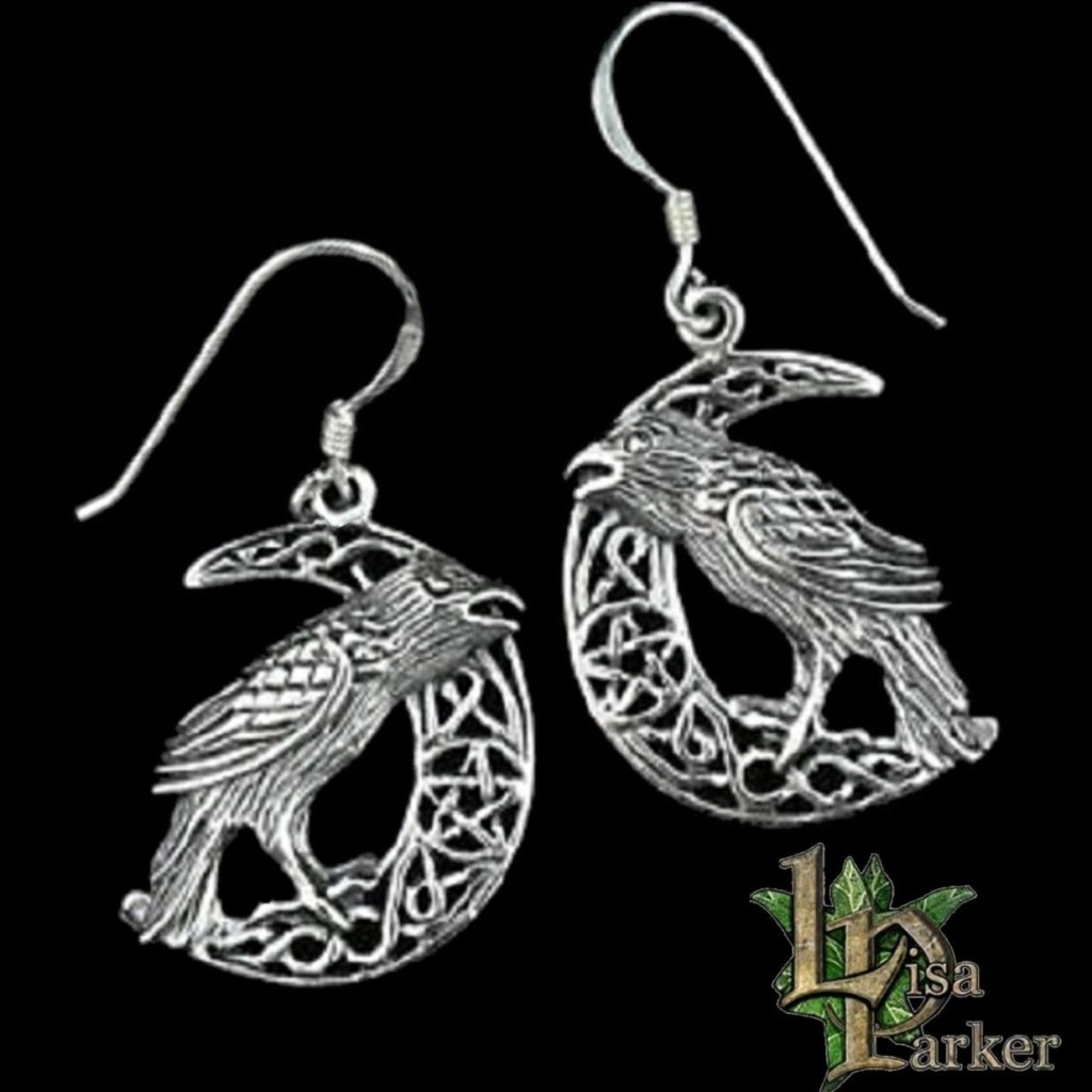 Raven Crescent Moon and Pentagram Sterling Silver Earrings