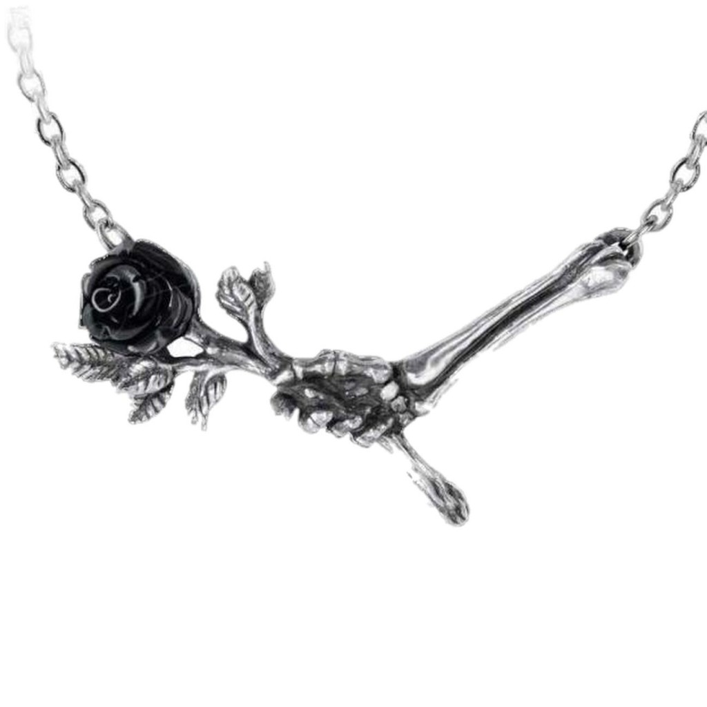 Love Never Dies Black Rose and Skeletal Hand Necklace by Alchemy