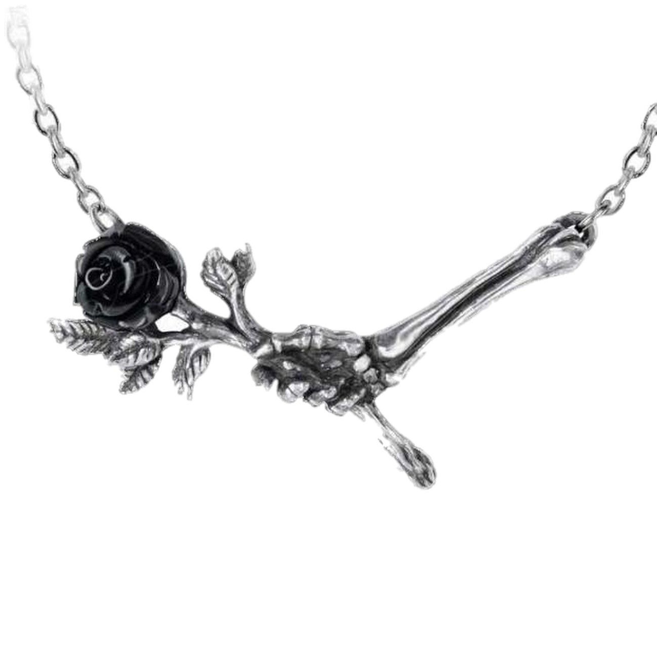 Love Never Dies Black Rose and Skeletal Hand Pendant by Alchemy