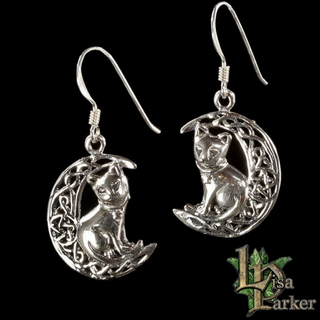 Cat Moon Pentagram Sterling Silver Earrings