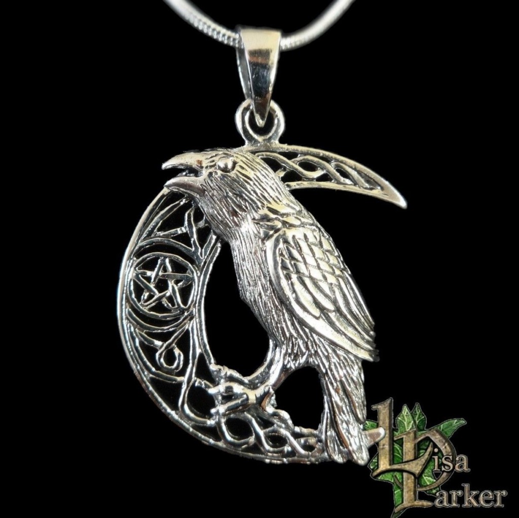 Raven Crescent Moon and Pentacle Sterling Silver Pendant