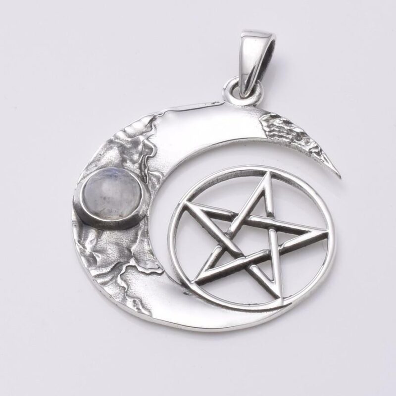Sterling Silver Crescent Moon and Pentagram Pendant with Moonstone Cabochon Wiccan - Image 2