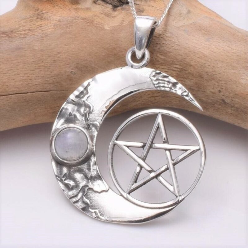 Sterling Silver Crescent Moon and Pentagram Pendant with Moonstone Cabochon Wiccan